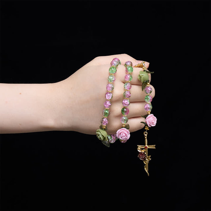 Christianartworkshop Rosario de la Virgen María con cuentas de vidrio facetadas craqueladas en rosa y verde, diseño floral de rosa y cruz. - image 1