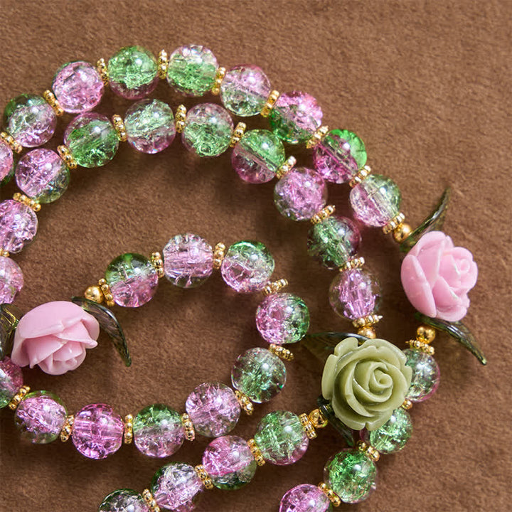 Christianartworkshop Rosario de la Virgen María con cuentas de vidrio facetadas craqueladas en rosa y verde, diseño floral de rosa y cruz. - image 4