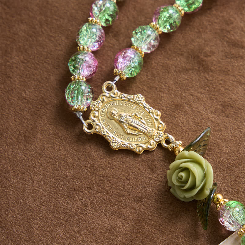 Christianartworkshop Rosario de la Virgen María con cuentas de vidrio facetadas craqueladas en rosa y verde, diseño floral de rosa y cruz. - image 6