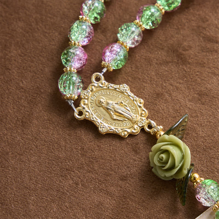 Christianartworkshop Rosario de la Virgen María con cuentas de vidrio facetadas craqueladas en rosa y verde, diseño floral de rosa y cruz. - image 6