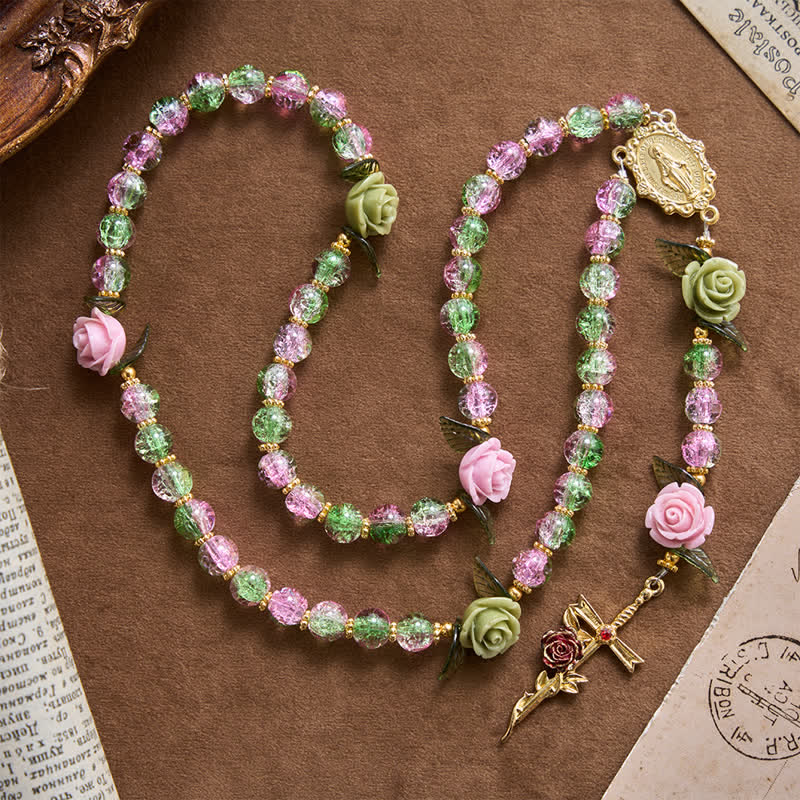 Christianartworkshop Rosario de la Virgen María con cuentas de vidrio facetadas craqueladas en rosa y verde, diseño floral de rosa y cruz. - image 3