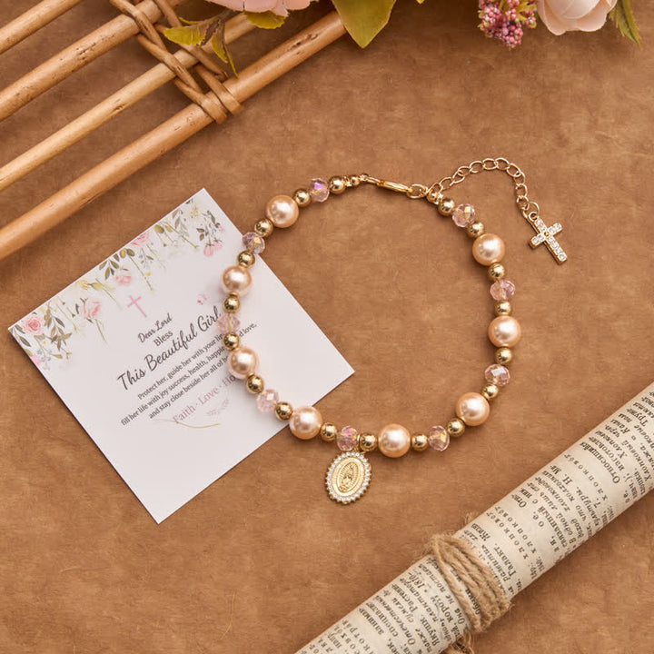 Christianartworkshop Pulsera de perlas con crucifijo y dije de la Virgen María: símbolo de la gracia divina eterna. - Nuestra Señora y la Cruz A - image 0