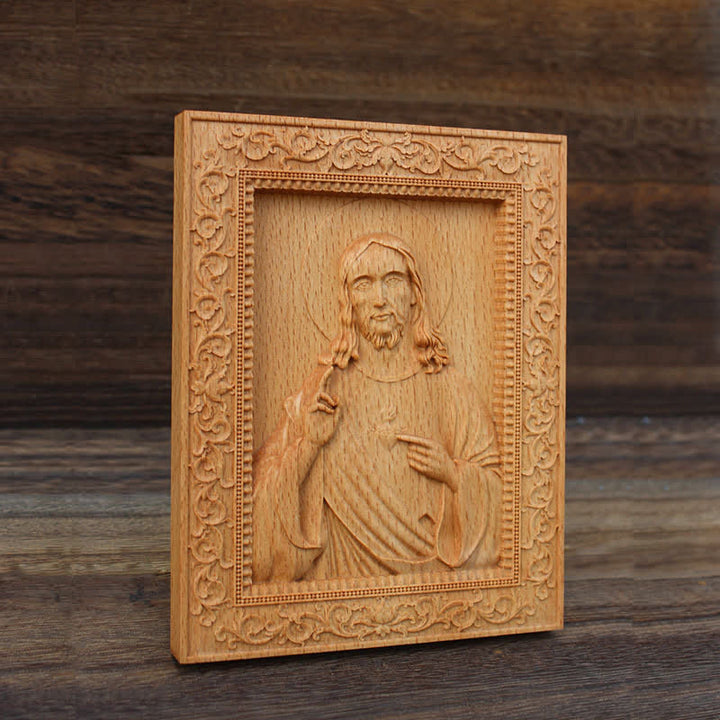 Christianartworkshop Icono tallado en madera de haya con borde ornamentado de Nuestra Señora y Jesús: Signo de suave consuelo divino. - image 2