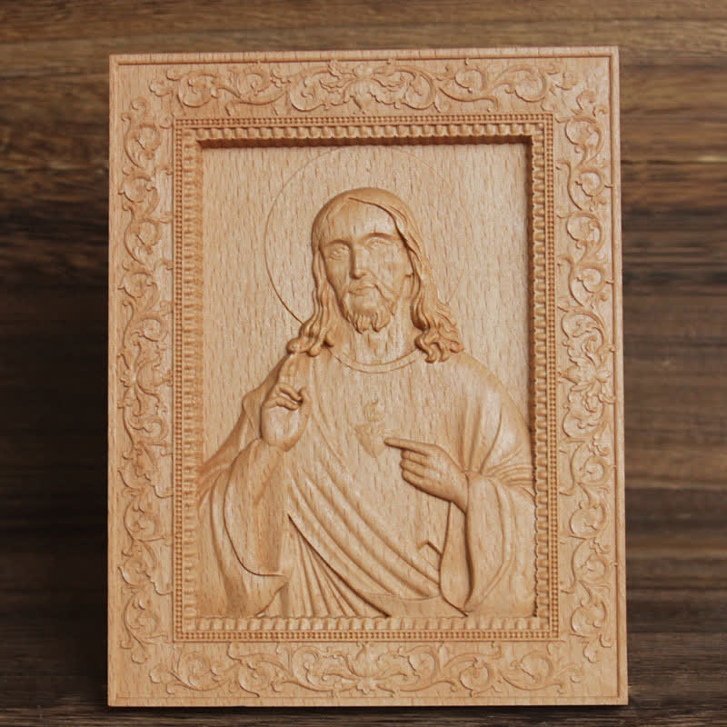 Christianartworkshop Icono tallado en madera de haya con borde ornamentado de Nuestra Señora y Jesús: Signo de suave consuelo divino. - Jesús - image 0