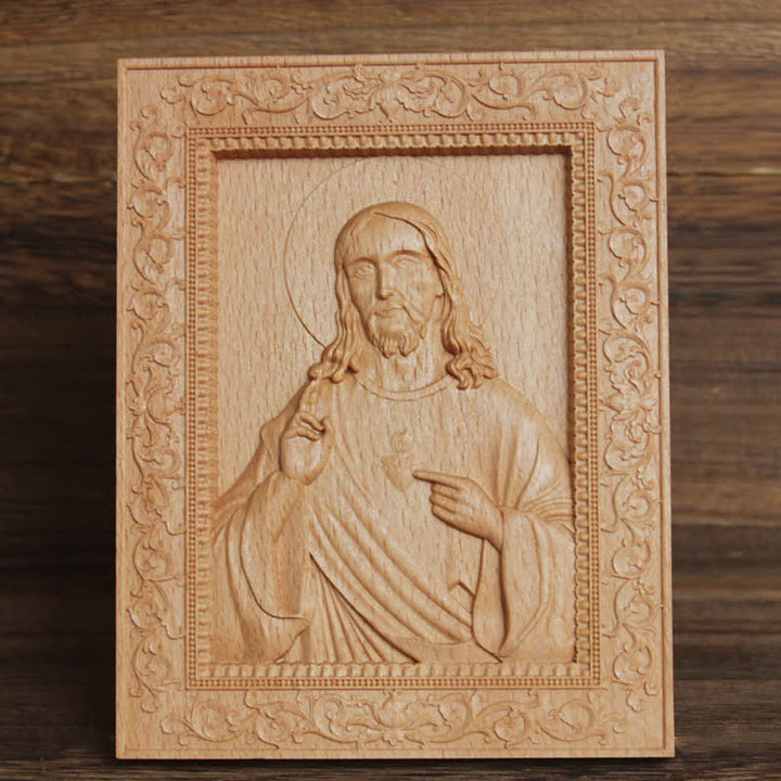 Christianartworkshop Icono tallado en madera de haya con borde ornamentado de Nuestra Señora y Jesús: Signo de suave consuelo divino. - Jesús - image 0