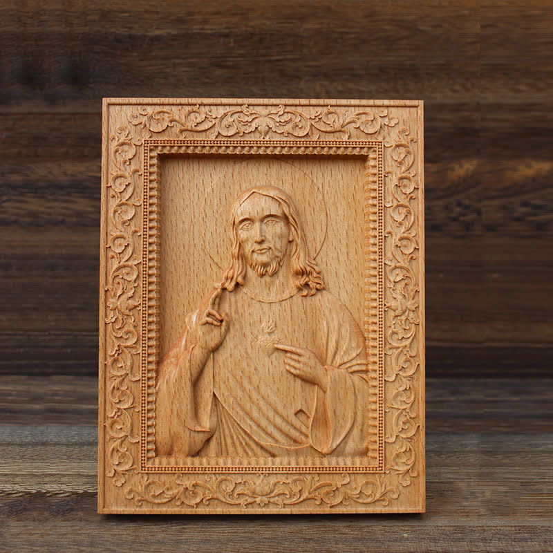 Christianartworkshop Icono tallado en madera de haya con borde ornamentado de Nuestra Señora y Jesús: Signo de suave consuelo divino. - image 1