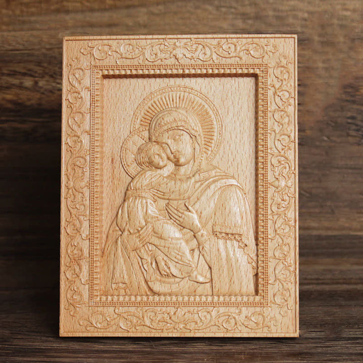 Christianartworkshop Icono tallado en madera de haya con borde ornamentado de Nuestra Señora y Jesús: Signo de suave consuelo divino. - La Virgen María y el Niño - image 7