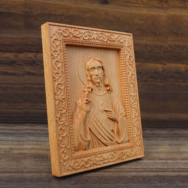 Christianartworkshop Icono tallado en madera de haya con borde ornamentado de Nuestra Señora y Jesús: Signo de suave consuelo divino. - image 3