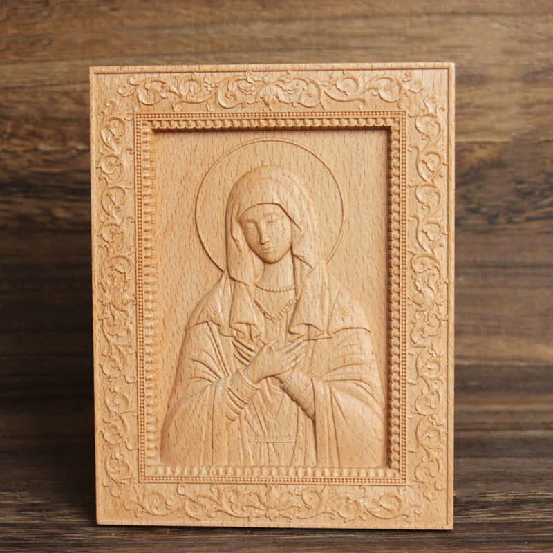 Christianartworkshop Icono tallado en madera de haya con borde ornamentado de Nuestra Señora y Jesús: Signo de suave consuelo divino. - Nuestra Señora de la Humildad - image 5