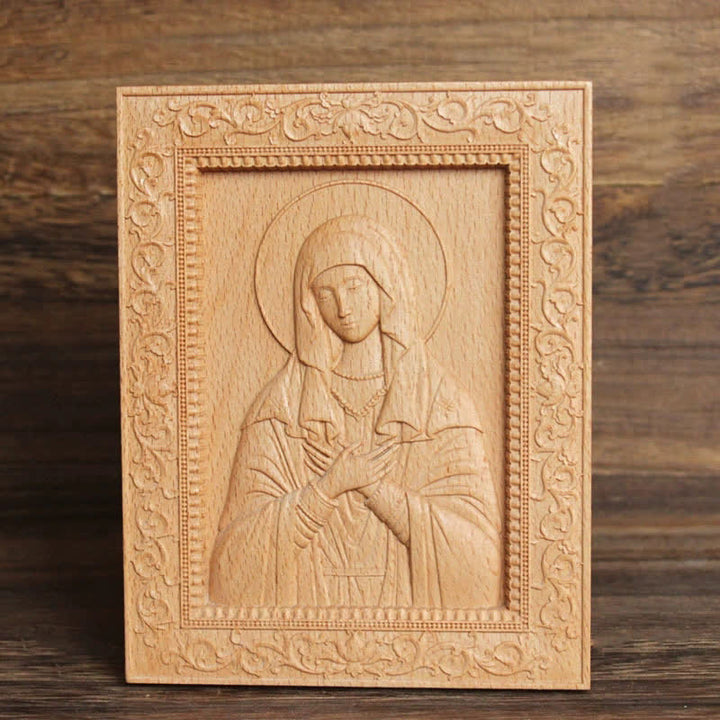 Christianartworkshop Icono tallado en madera de haya con borde ornamentado de Nuestra Señora y Jesús: Signo de suave consuelo divino. - Nuestra Señora de la Humildad - image 5