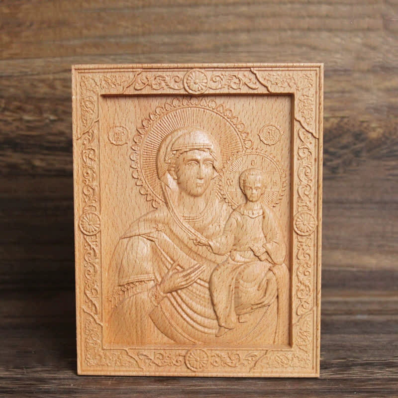 Christianartworkshop Icono tallado en madera de haya con borde ornamentado de Nuestra Señora y Jesús: Signo de suave consuelo divino. - Nuestra Señora del Signo - image 6