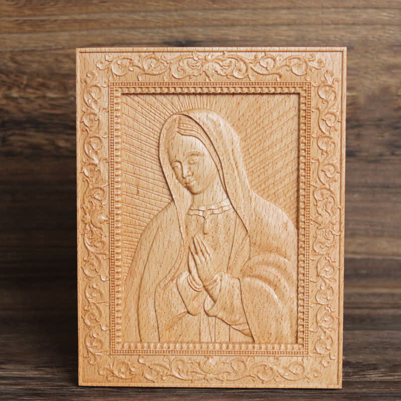 Christianartworkshop Icono tallado en madera de haya con borde ornamentado de Nuestra Señora y Jesús: Signo de suave consuelo divino. - Nª Sª - image 4