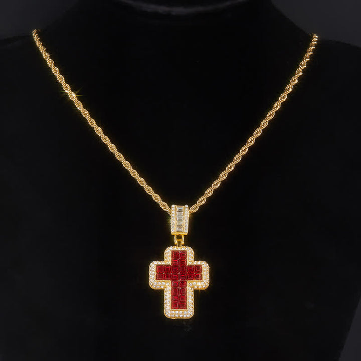 Christianartworkshop Collar con cruz de bloque de gema cuadrado rodeado por un círculo: Insignia de gloriosa fortaleza celestial - Dorado - Azul - image 3