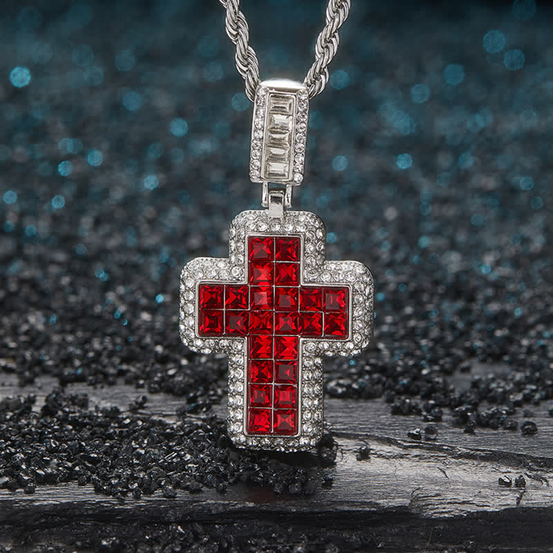 Christianartworkshop Collar con cruz de bloque de gema cuadrado rodeado por un círculo: Insignia de gloriosa fortaleza celestial - Plata - Rojo - image 0