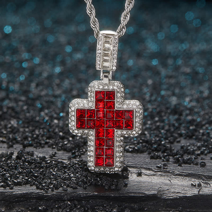 Christianartworkshop Collar con cruz de bloque de gema cuadrado rodeado por un círculo: Insignia de gloriosa fortaleza celestial - Plata - Rojo - image 0