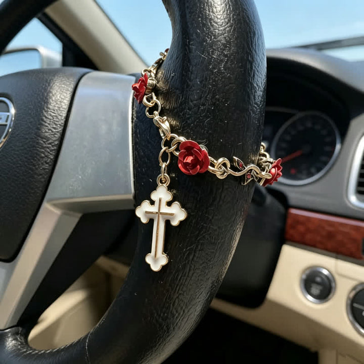 Christianartworkshop Colgante para coche con la cruz de Nuestra Señora y delicado diseño de rosa: portador de suave cuidado divino en el camino. - Cruz - image 2