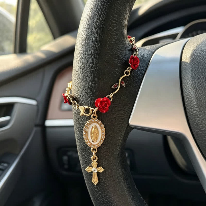 Christianartworkshop Colgante para coche con la cruz de Nuestra Señora y delicado diseño de rosa: portador de suave cuidado divino en el camino. - Nuestra Señora y la Cruz C - image 3