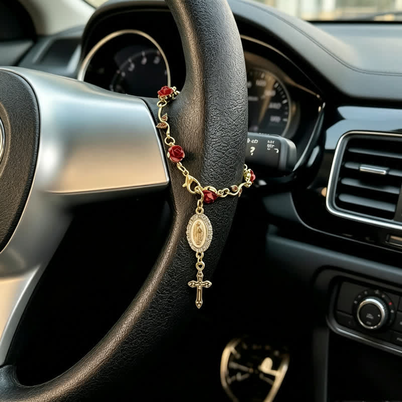 Christianartworkshop Colgante para coche con la cruz de Nuestra Señora y delicado diseño de rosa: portador de suave cuidado divino en el camino. - Nuestra Señora y la Cruz A - image 0