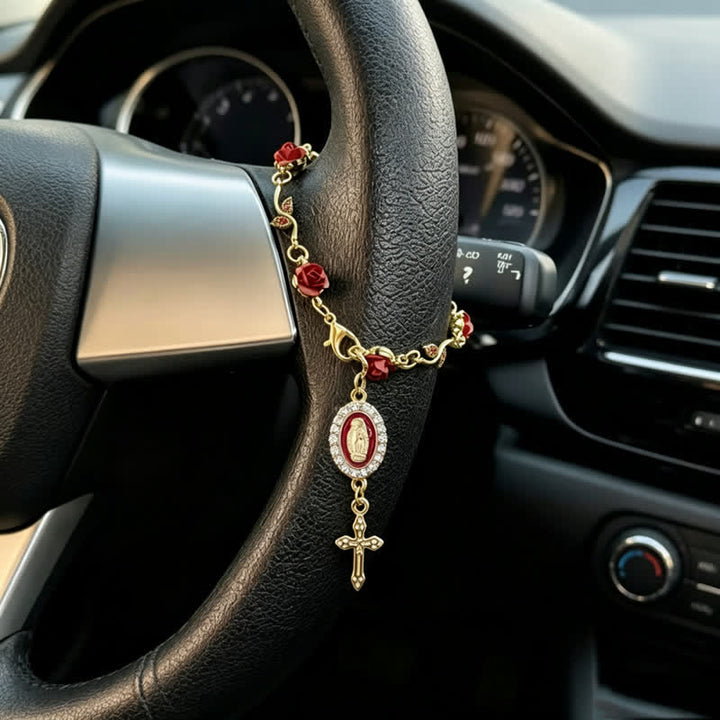 Christianartworkshop Colgante para coche con la cruz de Nuestra Señora y delicado diseño de rosa: portador de suave cuidado divino en el camino. - Nuestra Señora y la Cruz B - image 1