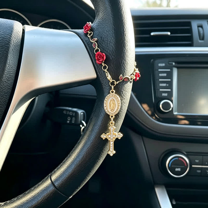 Christianartworkshop Colgante para coche con la cruz de Nuestra Señora y delicado diseño de rosa: portador de suave cuidado divino en el camino. - Nuestra Señora y la Cruz D - image 4