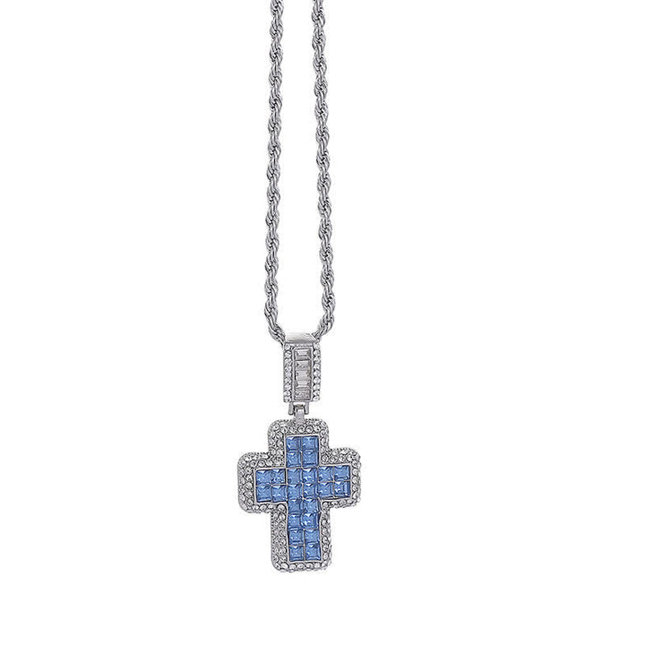 Christianartworkshop Collar con cruz de bloque de gema cuadrado rodeado por un círculo: Insignia de gloriosa fortaleza celestial - Plata - Azul - image 4