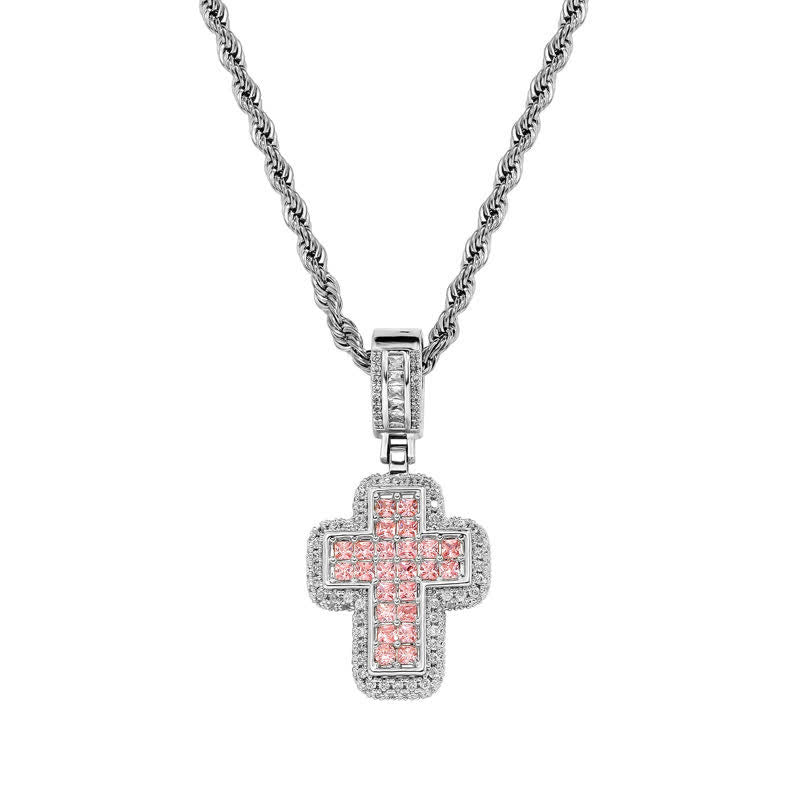Christianartworkshop Collar con cruz de bloque de gema cuadrado rodeado por un círculo: Insignia de gloriosa fortaleza celestial - Plata - Rosa - image 8