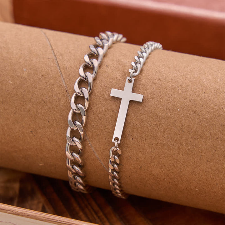 Christianartworkshop Conjunto de pulseras de doble cadena con cruz plana y elegante: símbolo de la tranquila guía divina diaria. - image 1