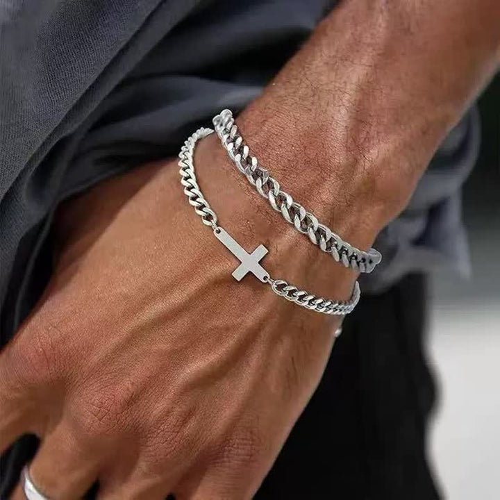 Christianartworkshop Conjunto de pulseras de doble cadena con cruz plana y elegante: símbolo de la tranquila guía divina diaria. - Juego de 2 piezas de cruz - image 0