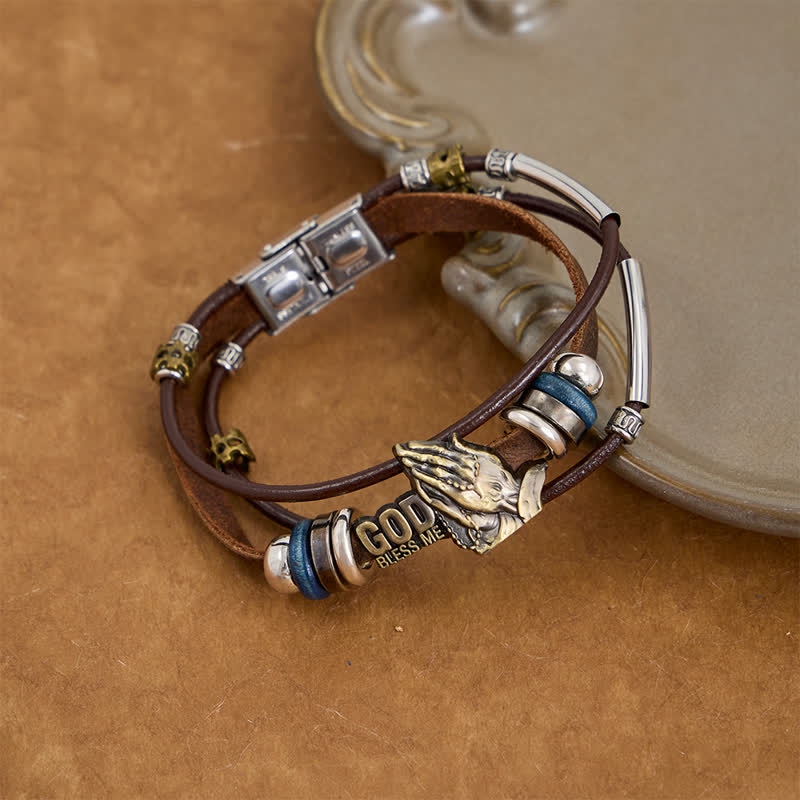 Christianartworkshop Pulsera de cuero grabada con la inscripción "Dios me bendiga": símbolo de la eterna gracia celestial. - image 2