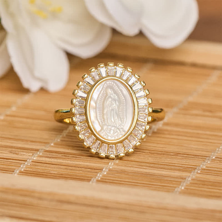 Christianartworkshop Anillo ajustable con halo radiante y retrato de la Virgen María: símbolo de consuelo divino y sereno. - Blanco (Apto para tallas estadounidenses 6-9) - image 0
