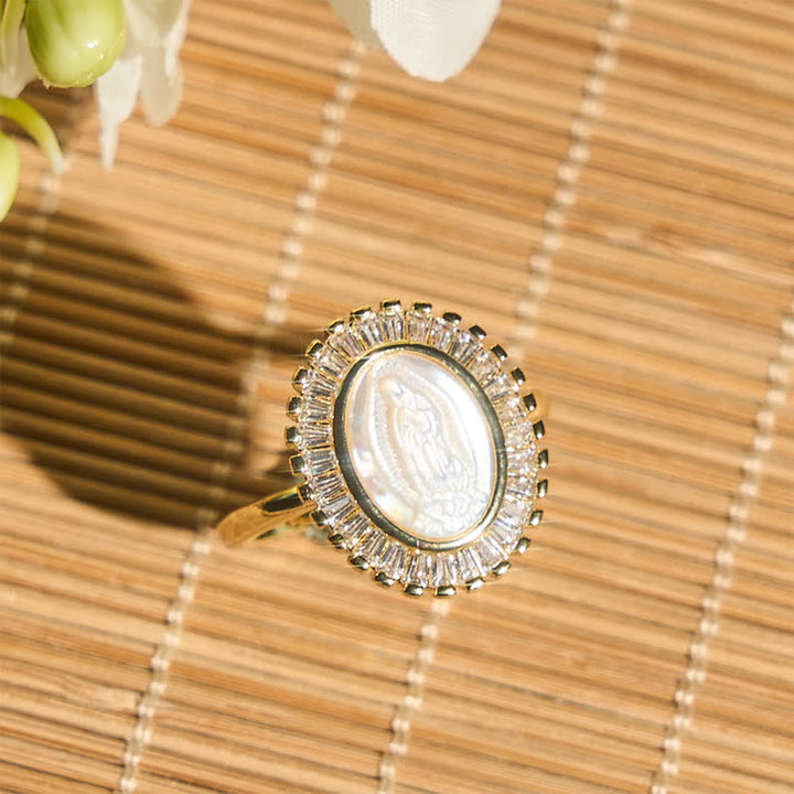 Christianartworkshop Anillo ajustable con halo radiante y retrato de la Virgen María: símbolo de consuelo divino y sereno. - image 2