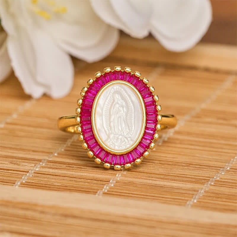 Christianartworkshop Anillo ajustable con halo radiante y retrato de la Virgen María: símbolo de consuelo divino y sereno. - Rosa (Adecuado para tallas estadounidenses 6-9) - image 5