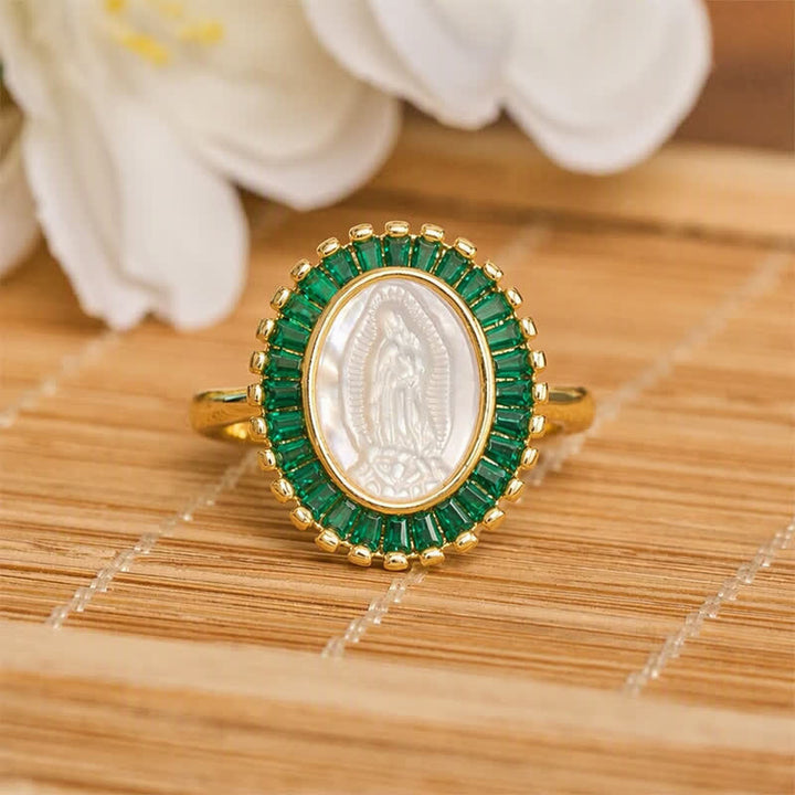 Christianartworkshop Anillo ajustable con halo radiante y retrato de la Virgen María: símbolo de consuelo divino y sereno. - Verde (Apto para tallas estadounidenses 6-9) - image 6