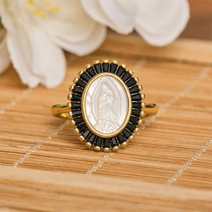 Christianartworkshop Anillo ajustable con halo radiante y retrato de la Virgen María: símbolo de consuelo divino y sereno. - Negro (Apto para tallas estadounidenses 6-9) - image 7