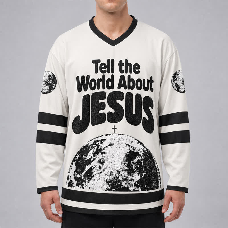 Christianartworkshop Camiseta de hockey en blanco y negro "Cuéntale al mundo sobre Jesús" - image 3