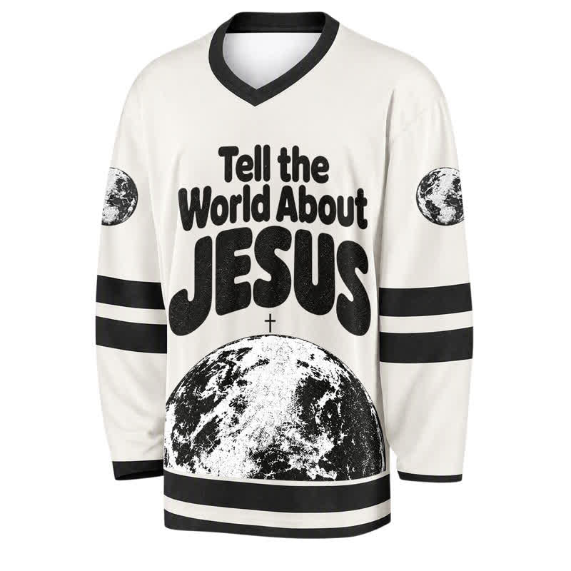 Christianartworkshop Camiseta de hockey en blanco y negro "Cuéntale al mundo sobre Jesús" - image 1
