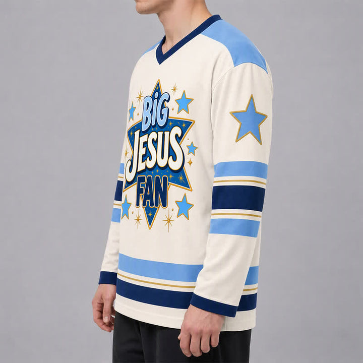 Christianartworkshop Camiseta de hockey de manga larga azul con la estrella de Big Jesus Fan - image 6