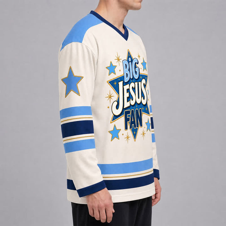 Christianartworkshop Camiseta de hockey de manga larga azul con la estrella de Big Jesus Fan - image 5