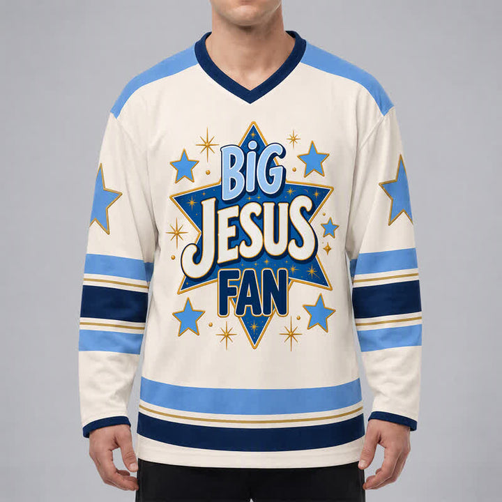 Christianartworkshop Camiseta de hockey de manga larga azul con la estrella de Big Jesus Fan - image 3