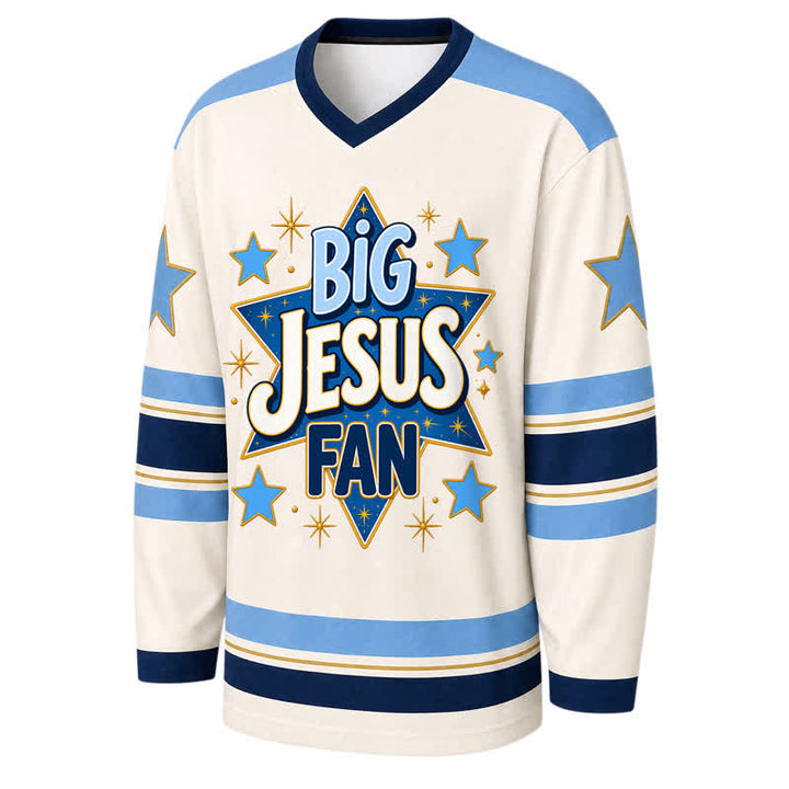 Christianartworkshop Camiseta de hockey de manga larga azul con la estrella de Big Jesus Fan - image 1