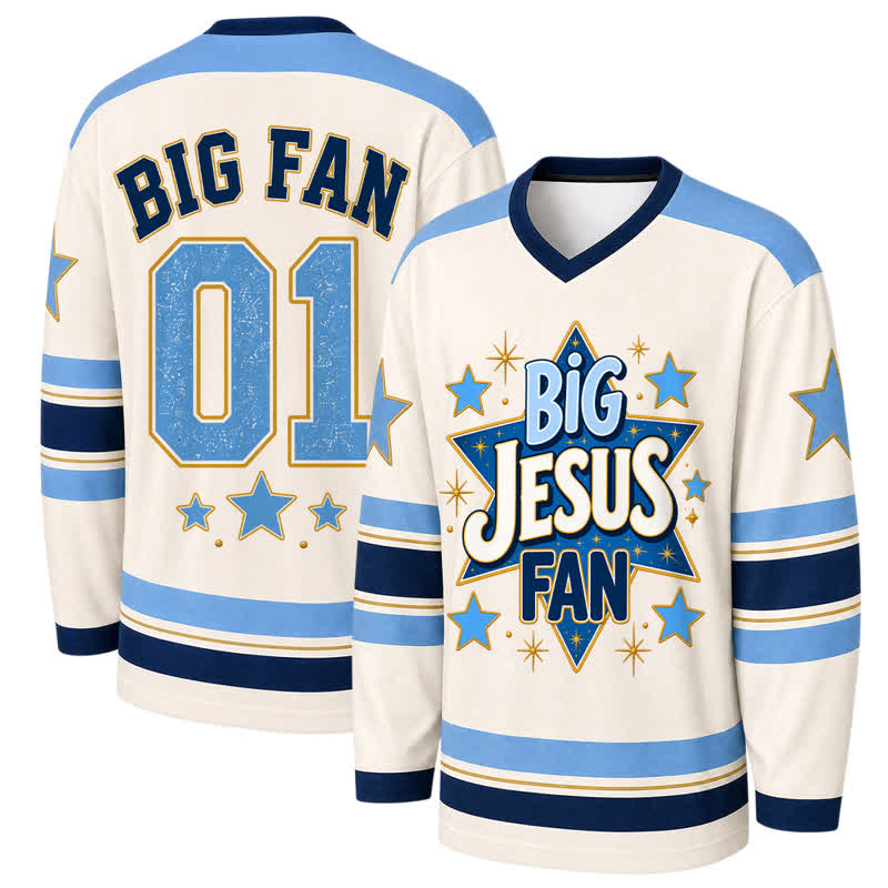 Christianartworkshop Camiseta de hockey de manga larga azul con la estrella de Big Jesus Fan - 5XL - image 0