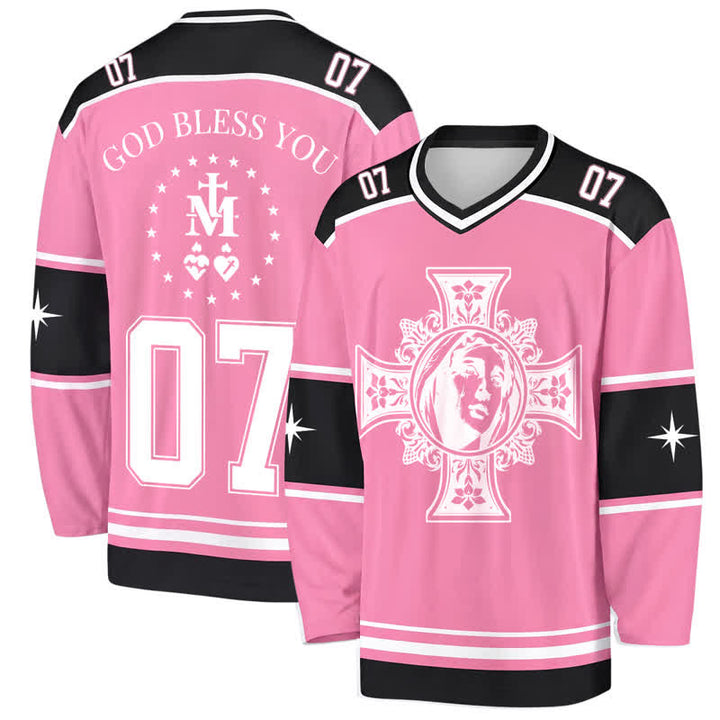 Christianartworkshop Dios te bendiga Camiseta de hockey de manga larga con cruz rosa - 5XL - image 0