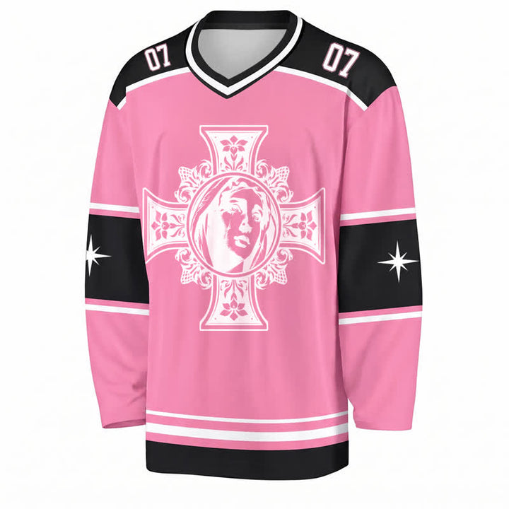 Christianartworkshop Dios te bendiga Camiseta de hockey de manga larga con cruz rosa - image 1