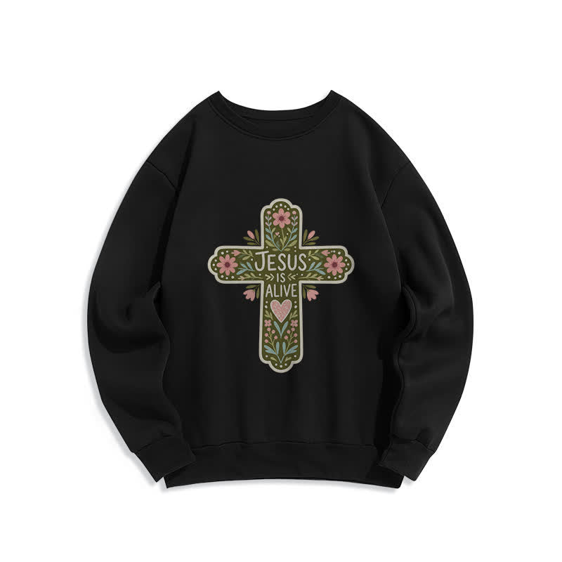 Christianartworkshop Sudadera cómoda de cuello redondo con cruz floral "Jesús está vivo" - Negro - 2XL - image 3