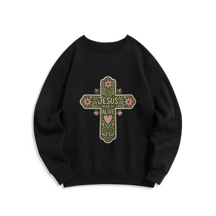 Christianartworkshop Sudadera cómoda de cuello redondo con cruz floral "Jesús está vivo" - Negro - 2XL - image 3