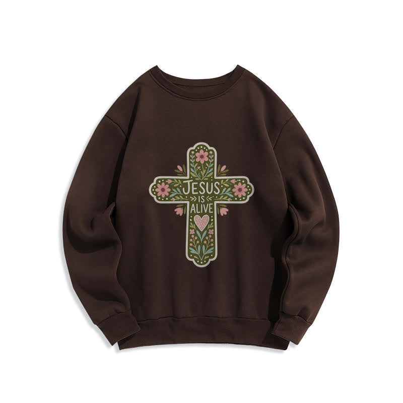 Christianartworkshop Sudadera cómoda de cuello redondo con cruz floral "Jesús está vivo" - Marrón - 2XL - image 5