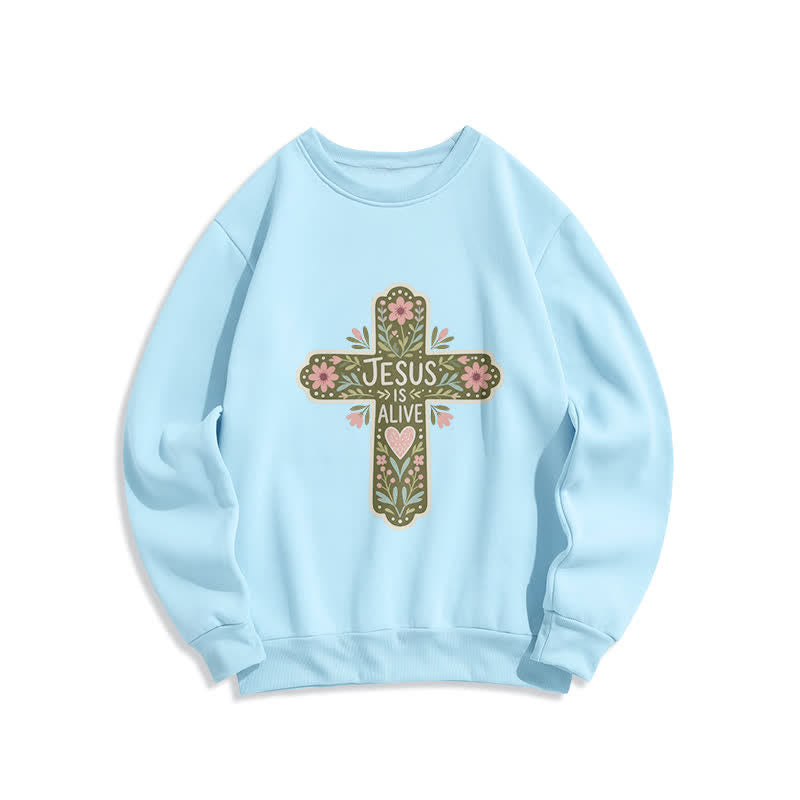 Christianartworkshop Sudadera cómoda de cuello redondo con cruz floral "Jesús está vivo" - Azul - 2XL - image 2