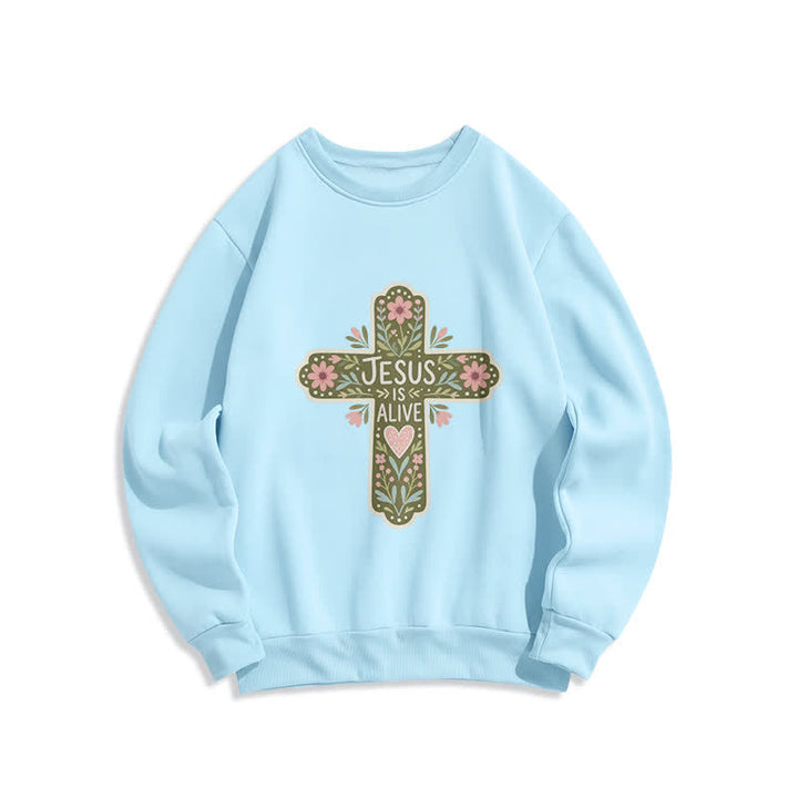 Christianartworkshop Sudadera cómoda de cuello redondo con cruz floral "Jesús está vivo" - Azul - 2XL - image 2