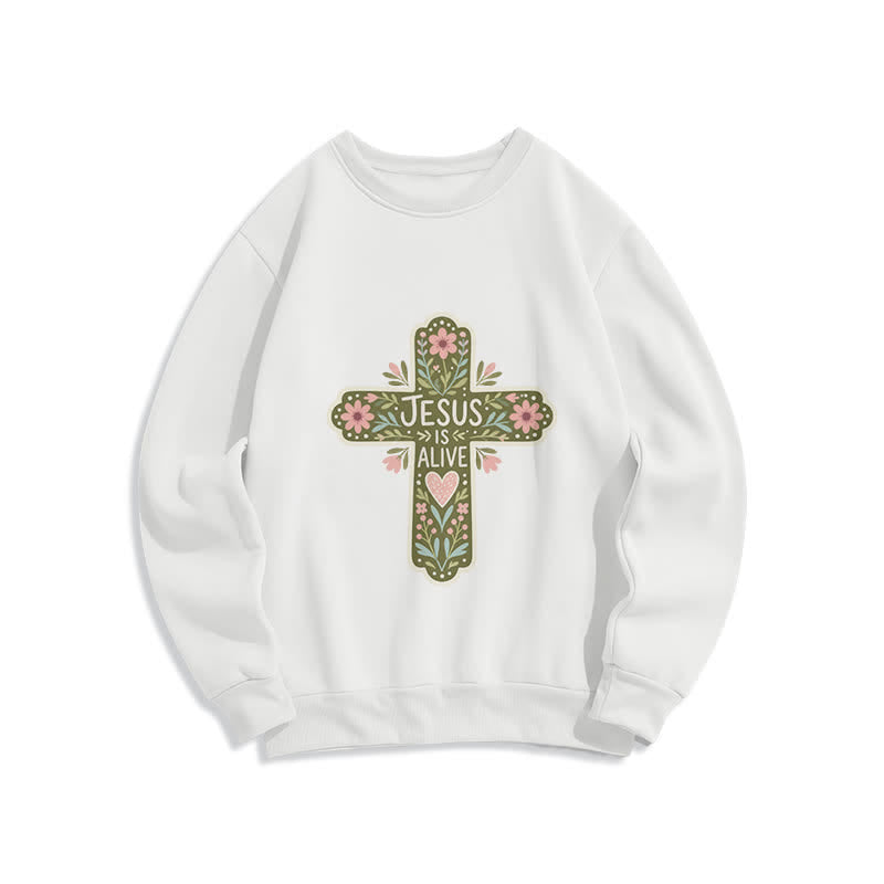 Christianartworkshop Sudadera cómoda de cuello redondo con cruz floral "Jesús está vivo" - Blanco - 2XL - image 1