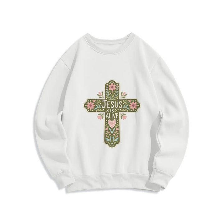 Christianartworkshop Sudadera cómoda de cuello redondo con cruz floral "Jesús está vivo" - Blanco - 2XL - image 1